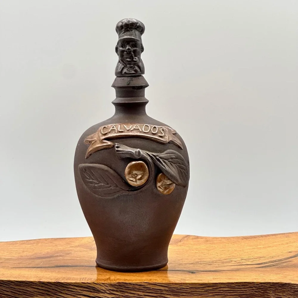 Calvados Vintage French Stoneware Decanter Jug with Figural Head Stopper